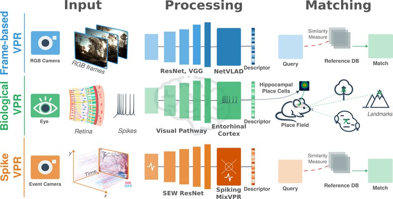 SpikeVPR overview: comparison of frame-based, biological, and spike-based visual place recognition pipelines
